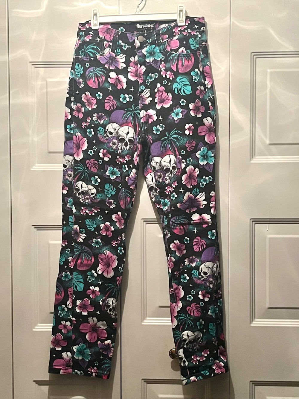 Horoscopez Dolls Kill Skull Palm Tree Tropical Straight Leg Denim Jeans Small